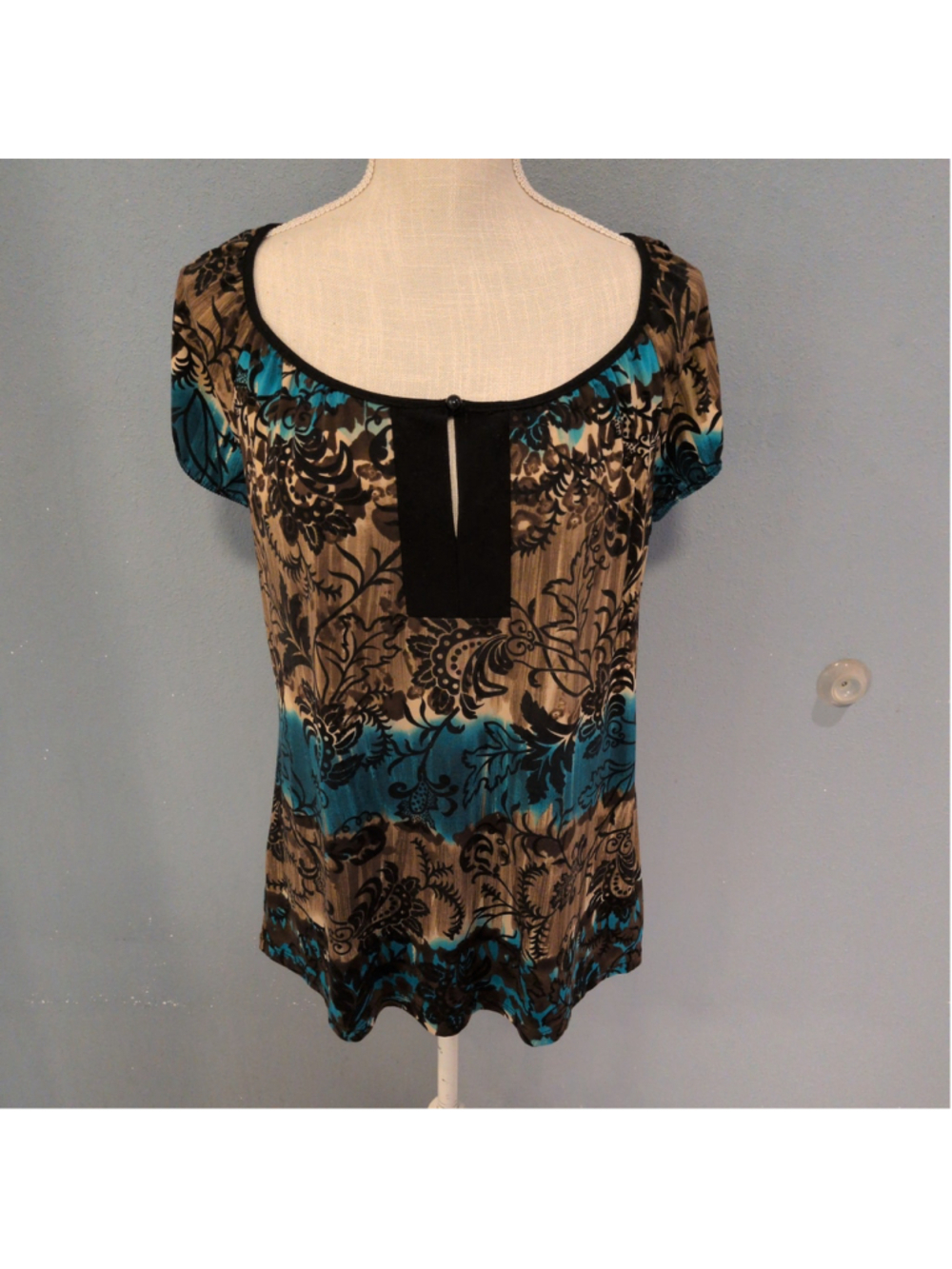 90's Perception Concept moody floral paisley print keyhole puff sleeves blouse
